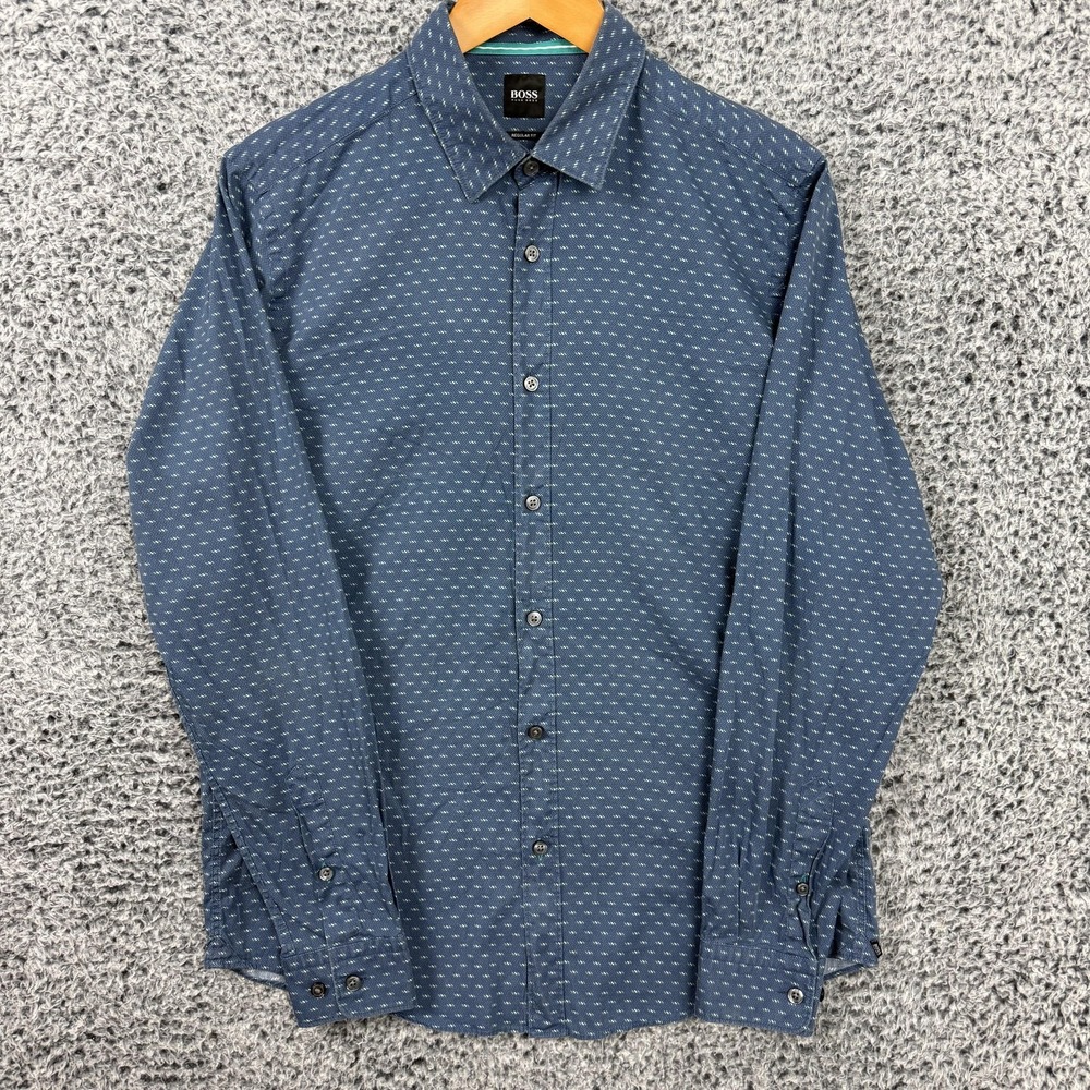 BOSS Hugo Boss Shirt Mens Large Blue Geometric Button Up Long Sleeve Casual